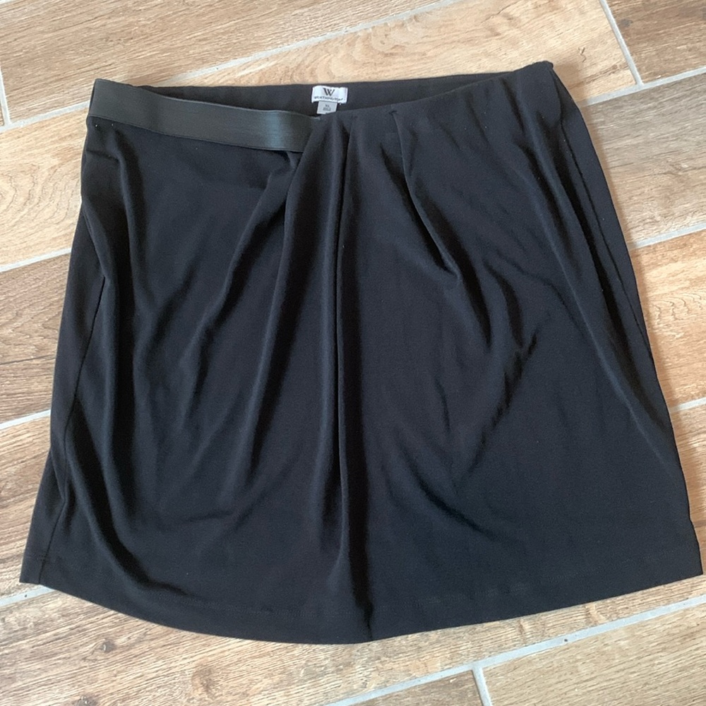 Worthington black stretch mini skirt w/flattering side shirring-elastic waist!
